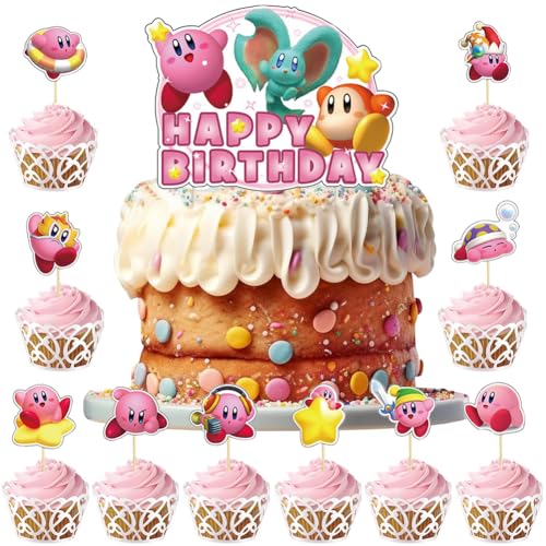 HGSHUO Tortendeko für Kirby Kuchen Deko Geburtstag Torte Deko Kindergeburtstag Cake Topper Happy Birthday Cupcake Topper für Kirby Kuchendeko Geburtstagsdeko 41 Stück von HGSHUO