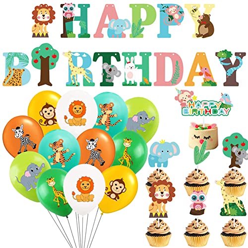 HGSHUO Waldtiere Geburtstag Deko Dschungel Luftballon Tiere Tortendeko Kindergeburtstag Ballon Girlande Happy Birthday Banner Waldtiere Deko Herbst Geburtstagsdeko von HGSHUO