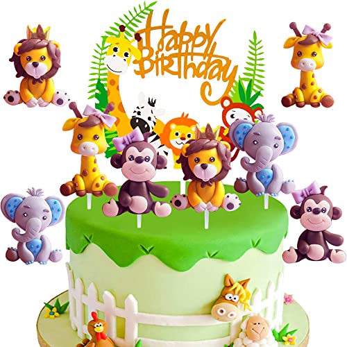 HGSHUO Waldtiere Tortendeko Geburtstag Kuchen Deko Tiere Cake Topper Happy Birthday Cupcake Topper Kindergeburtstag Torte Deko Dschungel Party Kuchendeko Geburtstagsdeko Elefant 5 Stück von HGSHUO