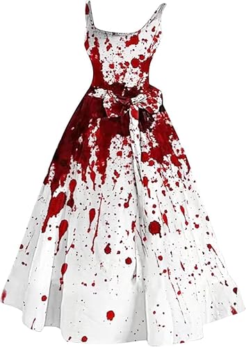 HGVSD Halloween Kostüm Damen Gruselig, Halloween Kleidung Mit Blutigem Aufdruck, Ärmellos Aufdruck Halloween Kleid Fur Damen (L) von HGVSD