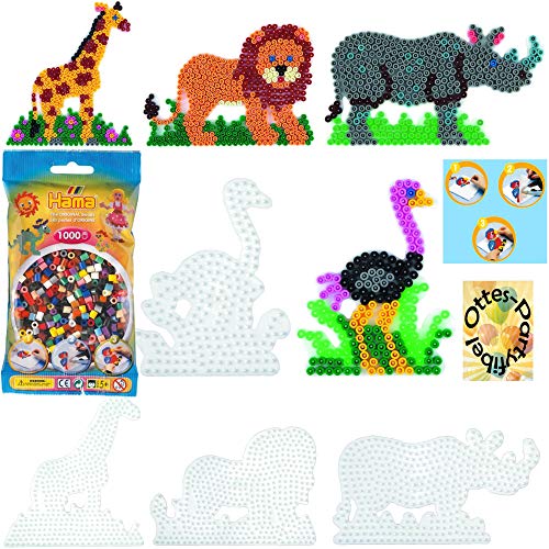 HAMA Bügelperlen-Bastel-Set midi-Stift-Platten-Set midi Giraffe + Nashorn + Strauß + Löwe + Bügelperlen #10 von HHO