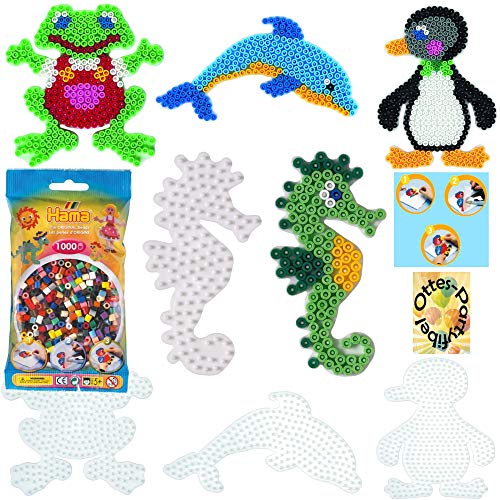 HAMA Bügelperlen-Bastel-Set midi-Stift-Platten-Set midi Seepferdchen + Delphin + Frosch + Pinguin + Bügelperlen #12 von HHO