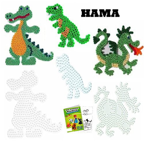 HAMA Stiftplatten-Set für Midi Perlen Krokodil + Drache + Dinosaurier + Malbuch von HHO