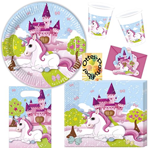 HHO Unicorn Einhorn Partyset 48tlg. für 6 Gäste Teller Becher Servietten Mitgebseltüten Einladungen von HHO