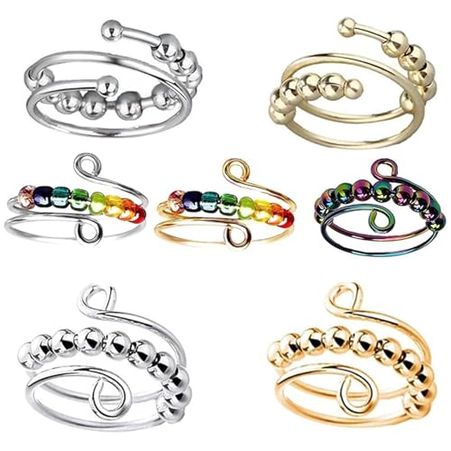 7 Stück Anti Stress Ring Linderung von Ängsten Fidget Ring Calm Ring Verstellbare Anti Stress Ring Stapelbare Ringe Mit Perlen Anti Stress Anxiety Ring Stressringe für Frauen Männer von HHZZXCDH