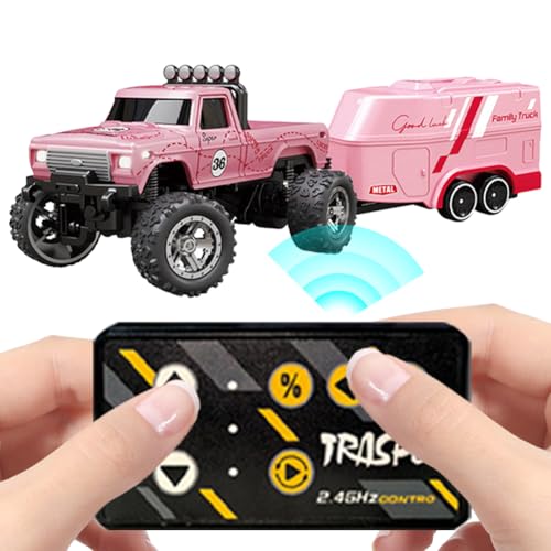 Monster-Truck-Spielzeug,ferngesteuertes Monstertruck-Auto im Maßstab 1:64 mit Lichtern,über USB wiederaufladbar, Mini RC-Sattelschlepper mit Anhänger,tolles Geschenk für Kinder (Rosa) von HIAME