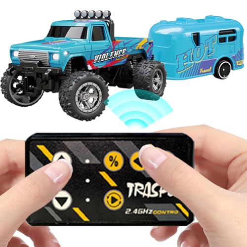 Monster-Truck-Spielzeug,ferngesteuertes Monstertruck-Auto im Maßstab 1:64 mit Lichtern,über USB wiederaufladbar, Mini RC-Sattelschlepper mit Anhänger,tolles Geschenk für Kinder (blau) von HIAME