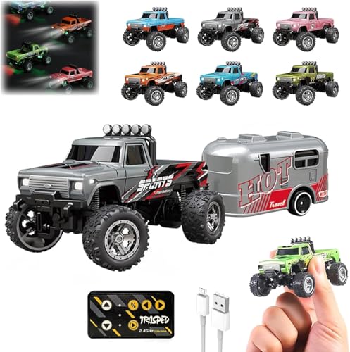 Monster-Truck-Spielzeug,ferngesteuertes Monstertruck-Auto im Maßstab 1:64 mit Lichtern,über USB wiederaufladbar, Mini RC-Sattelschlepper mit Anhänger,tolles Geschenk für Kinder (grau) von HIAME