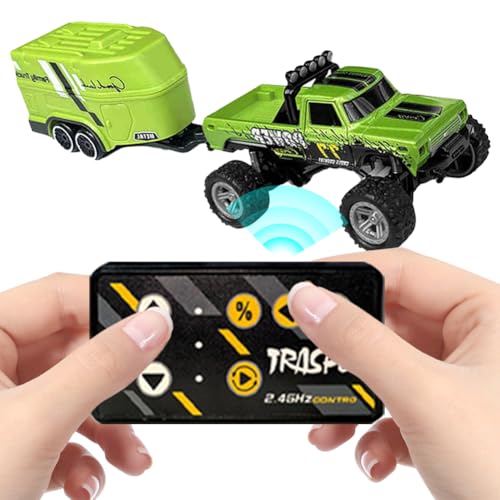 Monster-Truck-Spielzeug,ferngesteuertes Monstertruck-Auto im Maßstab 1:64 mit Lichtern,über USB wiederaufladbar, Mini RC-Sattelschlepper mit Anhänger,tolles Geschenk für Kinder (grün) von HIAME