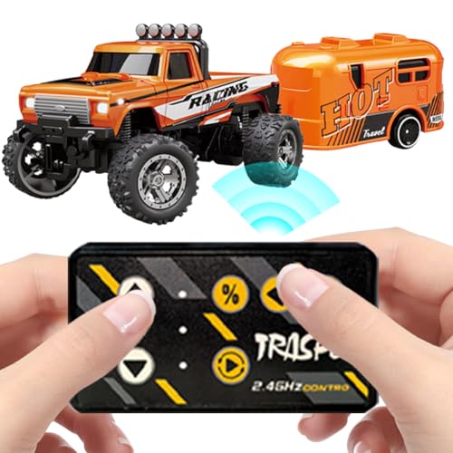 Monster-Truck-Spielzeug,ferngesteuertes Monstertruck-Auto im Maßstab 1:64 mit Lichtern,über USB wiederaufladbar, Mini RC-Sattelschlepper mit Anhänger,tolles Geschenk für Kinder (orange) von HIAME