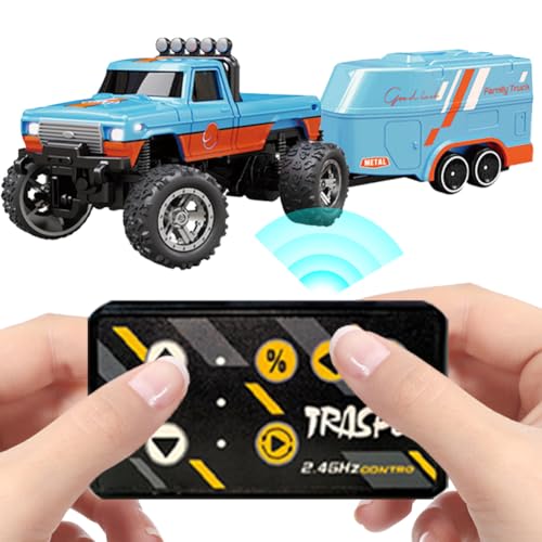 Monster-Truck-Spielzeug,ferngesteuertes Monstertruck-Auto im Maßstab 1:64 mit Lichtern,über USB wiederaufladbar, Mini RC-Sattelschlepper mit Anhänger,tolles Geschenk für Kinder (orange&blau) von HIAME