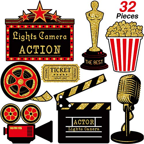 32 Stück Roter Teppich Hollywood Cutouts Hollywood Film Party Karten Tischdekoration Film-Themen-Dekorationen doppelseitiger Druck Rot Golden Schwarz von HICARER