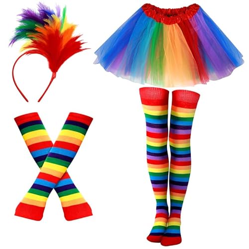 4 Kostüm Set Mardi Gras Gay Day Regenbogen Frauen Overknee Socken Armwärmer Dehnbare Handschuhe Kopfbedeckung Stirnband Tüll Tutu Rock (Regenbogen) von HICARER