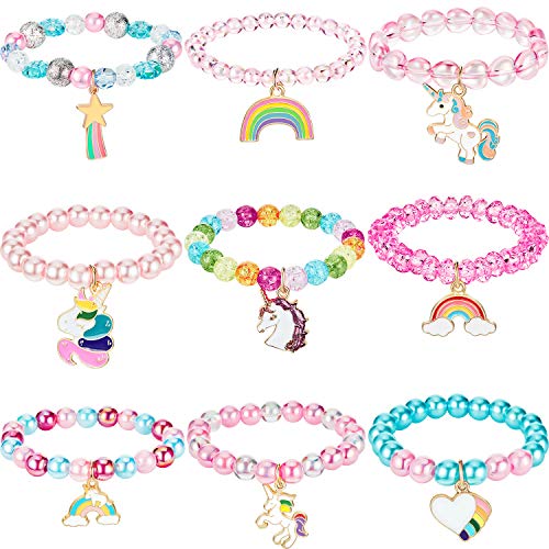 HICARER 9 Stück Bunte Einhorn Armband Mädchen Regenbogen Einhorn Perlen Armband für Geburtstagsfeier Gefälligkeiten (Perlen Stil) von HICARER