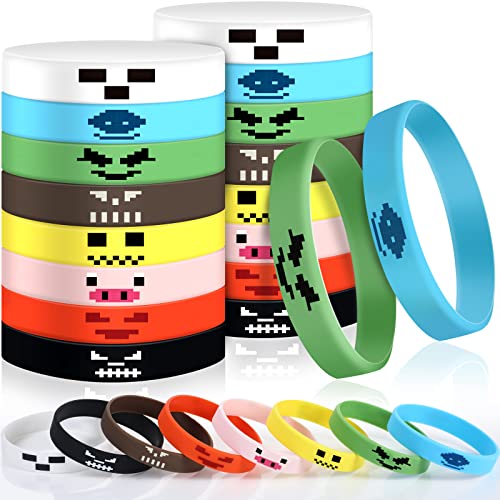 HICARER 24 Stücke Pixel Bergmann Stil Charakter Armreif Armbänder Silikon Armbänder, Pixel Thema Armband Designs für Jungen und Mädchen Bergbau Thema Stil Party Zubehör, 8 Designs von HICARER