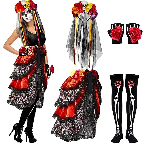 HICARER 4 Stück Halloween Damen Kostüm Tag der Toten Verkleidung inklusive Mehrfarbige Reifrock mit Schnürung Blumen Haarreif Rosen Kopfschmuck Halbfinger Skelett Handschuhe und Skelett Strümpfe von HICARER