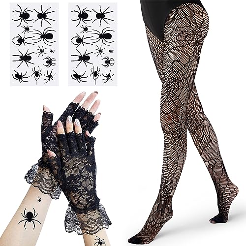 HICARER 4 Stück Halloween Spinnenkostüm Damen inklusive Schwarze Spinnennetz Strumpfhose Gotische Fingerlose Spitzenhandschuhe 2 Blatt Spinne Gesichtstattoos, Muster Netzstrumpfhose mit Hoher Taille von HICARER