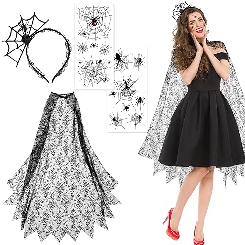 HICARER 4 Stück Halloween Spinnennetz Accessoires Damen inklusive Spitze Spinnenumhang Spinne Haarreifen Übertragung Tattoos für Damen Spinnenfrau Kostüm Party Cosplay Verkleidung von HICARER