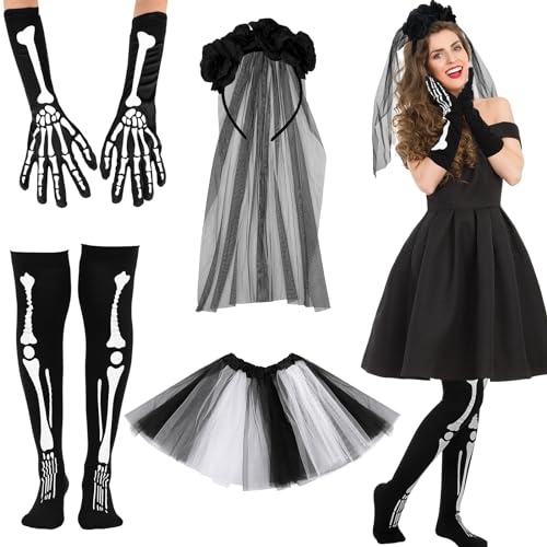 HICARER 4 Stück Halloween Tag der Toten Kostüme Set inklusive Skelett Handschuhe Skelett Strümpfe Schwarzer Haarreif mit Langem Schleier und Blumen 1 Tutu Rock Gotisch Braut Kostüm für Damen von HICARER