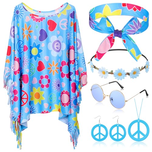 HICARER 6 Stück Hippie Kostüm Set inklusive Hippie Poncho Frieden Zeichen Halskette Ohrringe Stirnband Hippie Sonnenbrillen 60er 70er Jahre Bekleidung Accessoires für Damen (Blau, Frische Blume) von HICARER