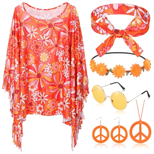 HICARER 6 Stück Hippie Kostüm Set inklusive Hippie Poncho Frieden Zeichen Halskette Ohrringe Stirnband Hippie Sonnenbrillen 60er 70er Jahre Bekleidung Accessoires für Damen (Orange, Lebendige Blume) von HICARER