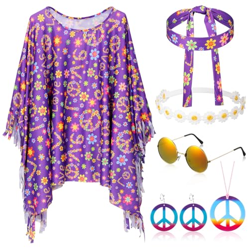 HICARER 6 Stück Hippie Kostüm Set inklusive Hippie Poncho Frieden Zeichen Halskette Ohrringe Stirnband Hippie Sonnenbrillen 60er 70er Jahre Bekleidung Accessoires für Damen (Romantische Blume) von HICARER