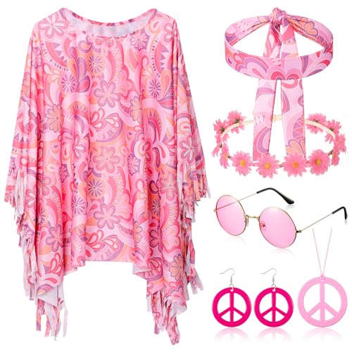 HICARER 6 Stück Hippie Kostüm Set inklusive Hippie Poncho Frieden Zeichen Halskette Ohrringe Stirnband Hippie Sonnenbrillen 60er 70er Jahre Bekleidung Accessoires für Damen (Süße Blume) von HICARER