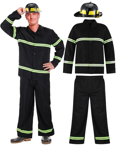 Hicarer 3-teiliges Feuerwehrmann-Kostüm für Herren mit Feuerwehrhelm, Halloween-Feuerwehrjacke, Kostüm, Party-Kostüm, Schwarz, M von HICARER