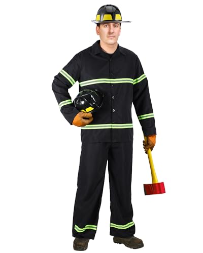 Hicarer Feuerwehrmann-Kostüm für Herren, Feuerwehrhelm, Jacke, Hose, Feuerwehrmann, Halloween, Cosplay, Party, Outfit, Größe M, 3-teilig, Schwarz, M von HICARER