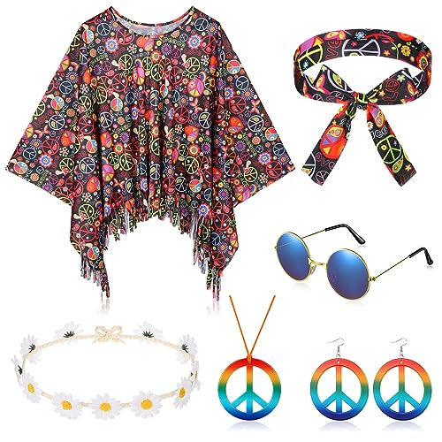 HICARER 6 Stück Hippie Kostüm Set inklusive Hippie Poncho Frieden Zeichen Halskette Ohrringe 60er 70er Haarband Hippie Sonnenbrillen Stirnband 70er Jahre Bekleidung Accessoires für Damen (Stilvoll) von HICARER