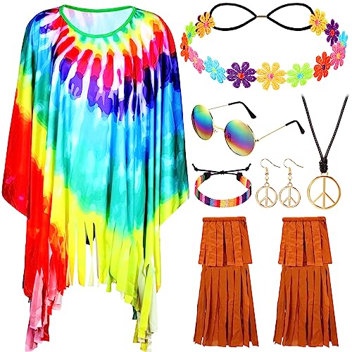 Hicarer 7-teiliges Hippie-Kostüm-Zubehör-Set im 60er- und 70er-Jahre-Stil, Batik-Poncho-Quaste, Stiefelüberzüge, Sonnenbrillen-Outfits für Cosplay-Party, Regenbogen, Classic von HICARER