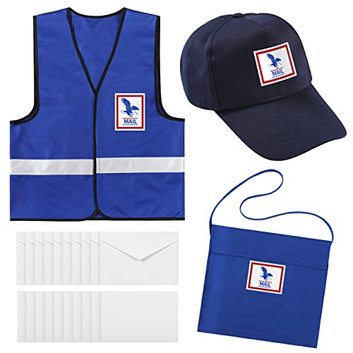 Hicarer Mailman Kostüm Erwachsene Mail Carrier Kostüm Kit Pretend Blue Adult Halloween Kostüm Include Mailman Hat Cosplay Canvas Tasche mit 10 White En für Erwachsene Karriere Cosplay Halloween Postal Kostüm von HICARER