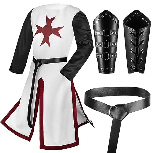 Hicarer Mittelalter Kreuzritter Tempelritter Tunika Kostüme Renaissance Kostüm Wikinger Ledergürtel Mittelalter Leder Armschützer für Ritter Krieger Halloween Pest Umhang Cosplay (Rot,XL) von HICARER