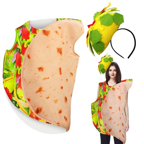 Hicarer Taco-Kostüm für Erwachsene, lustiges Essen-Kostüm mit Taco-Hut, mexikanische Burritos, Tortilla-Outfit, Halloween-Kostüm, Lebendige Farbe., Einheitsgr��e von HICARER