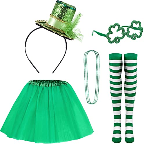 St. Patrick's Day Zubehör, 7 Stück irische Mütze Stirnband, Perlenkette, Kleeblatt-Brille, grün gestreifte Socken und Tutu Rock für irische St. Patricks Day Dekorationen von HICARER