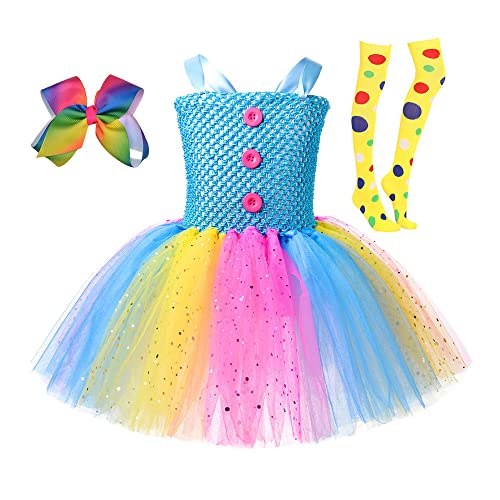 HIGGEL 3-teiliges Set für Kindertag, Cosplay, lustiges Clown-Kostüm für Mädchen, bunter Pull-Rock mit Glitzer (XL (7-8 Jahre) von HIGGEL