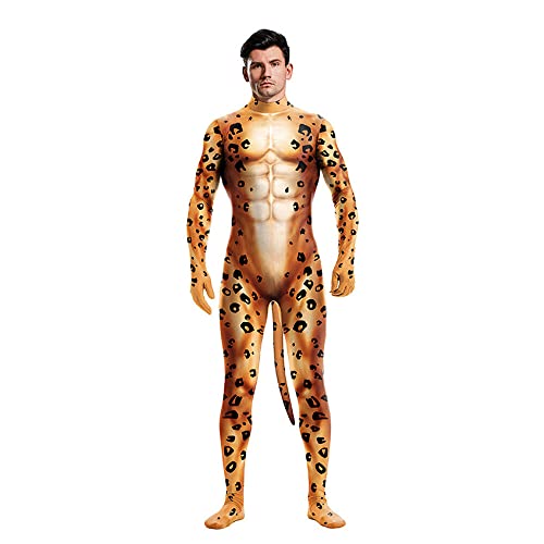 HIGGEL Halloween-Kostüm, Leopardenmuster, 3D-Druck, Overall, Bodysuits mit Schwanz, für Erwachsene (Herren, Größe M, Leopard) von HIGGEL