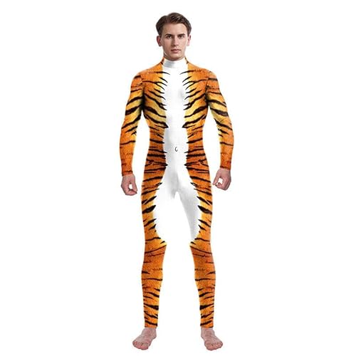 HIGGEL Halloween-Kostüm, Leopardenmuster, 3D-Druck, Overall, Bodysuits mit Schwanz, für Erwachsene (Mann, groß, Tiger) von HIGGEL