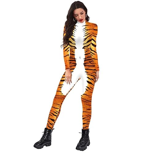 HIGGEL Halloween-Kostüm, Leopardenmuster, 3D-Druck, Overall mit Schwanz, für Erwachsene (Damen, Größe M, Tiger) von HIGGEL