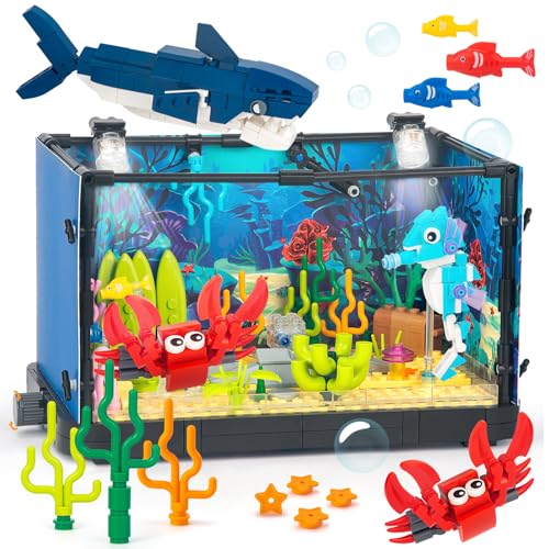 HIGH GODO Aquarium Baustein Set, 648 Teil Fischen Tank Klemmbausteine Bausatz mit Beweglichem Hai und LED Licht, Ideen Geschenk Bauspielzeug für Kinder von HIGH GODO