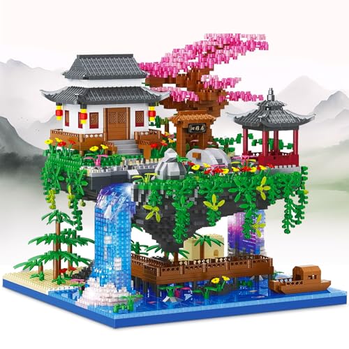 HIGH GODO Botanical Pfirsichblüten Teich Blumen Haus mit LED, 3320 Stück Micro Bausteine Japan Garten Architecture, Klemmbausteine Pflanzen Creative Deko Geschenk für Erwachsene Mädchen Frauen von HIGH GODO