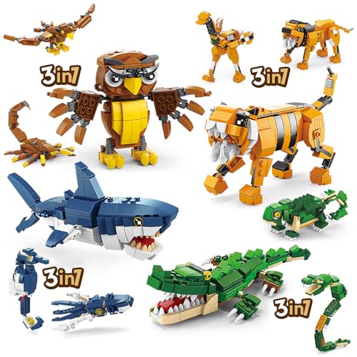 HIGH GODO Mini Tiere Bausteine Set, 3 in 1 Tiger Krokodil Hai Eule Simulation Zwölf Arten Tiere Figuren, Ideas Geschenke Klemmbausteine Spielzeug für Kinder Jungen und Mädchen (1084 Stück) von HIGH GODO