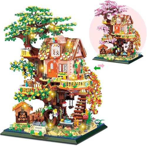 HIGH GODO Blumen Baumhaus Micro Bausteine mit LED, 3196 Teile Haus Garten, Baum Pflanzen Blumen Tiere Architektur Klemmbausteine Set, Creative Geschenk für Erwachsene oder Jugendliche von HIGH GODO