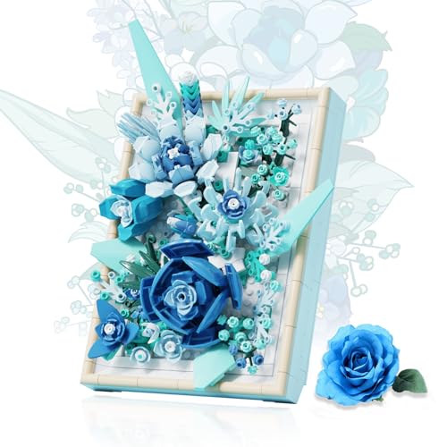 HIGH GODO Rose Blumen Klemmbausteine Set, Icons Flowers Fotorahmen Bausteine 16 * 23 cm, kompatibel mit Lego Blume, Deko Spielzeug Mädchen ab 8 Jahren oder Erwachsene, Blau von HIGH GODO