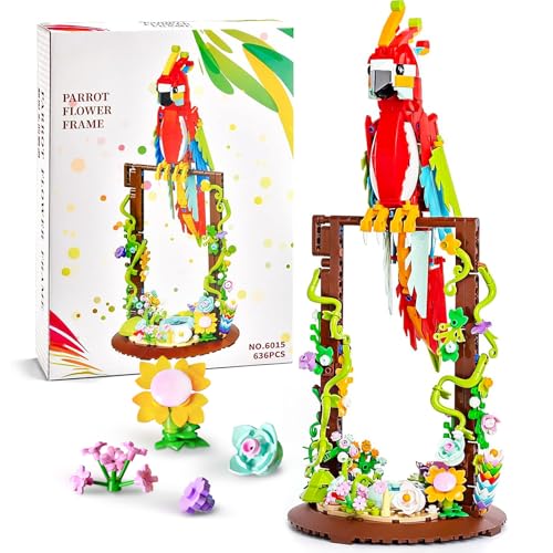 HIGH GODO Blumen 360° Drehenden Papagei Bausteine Set, Klemmbausteine Tiere mit Flowers und Pflanze, Kreatives Deko Geschenk Bauspielzeug für Kinder, Jungen und Mädchen (636 Stück) von HIGH GODO