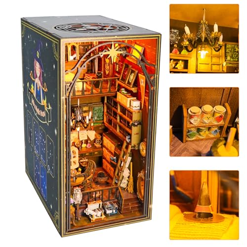 HIGSPE Book Nook DIY Kit, Miniatur Haus Bastelset mit Möbeln und LED-Licht, 3D Puzzle Magie Puppenhaus aus Holz, Bookshelf Insert Diorama, Modellbausätze für Erwachsene Kinder zum Bauen von HIGSPE