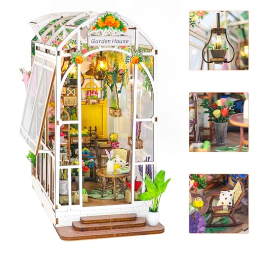 HIGSPE Book Nook DIY Kit, Miniatur Haus Bastelset mit Möbeln und LED-Licht, 3D Puzzle Puppenhaus aus Holz, Garden House Bookshelf Insert Diorama, Modellbausätze für Erwachsene Kinder zum Bauen von HIGSPE