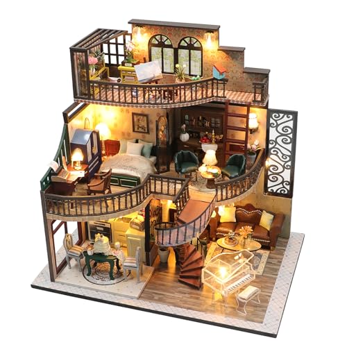 HIGSPE Miniatur Haus DIY Kit, Mini Haus Modell Bastelset mit Möbeln und LED-Licht, 3D Puzzle Puppenhaus aus Holz, Gemütliches Loft Modellbausätze für Erwachsene Kinder zum Bauen von HIGSPE