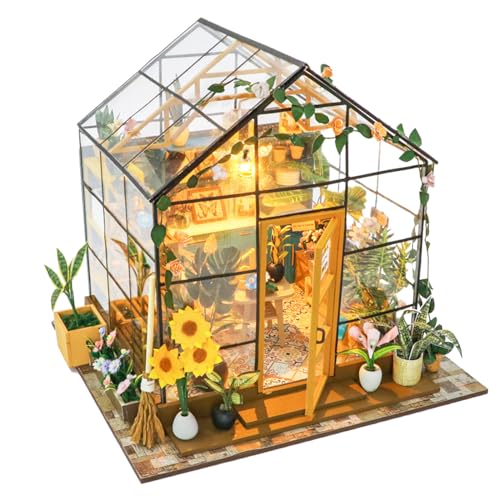 HIGSPE Miniatur Haus DIY Kit, Mini Haus Modell Bastelset mit Möbeln und LED-Licht, 3D Puzzle Puppenhaus aus Holz, Sunshine Flower Gewächshaus Modellbausätze für Erwachsene Kinder zum Bauen von HIGSPE