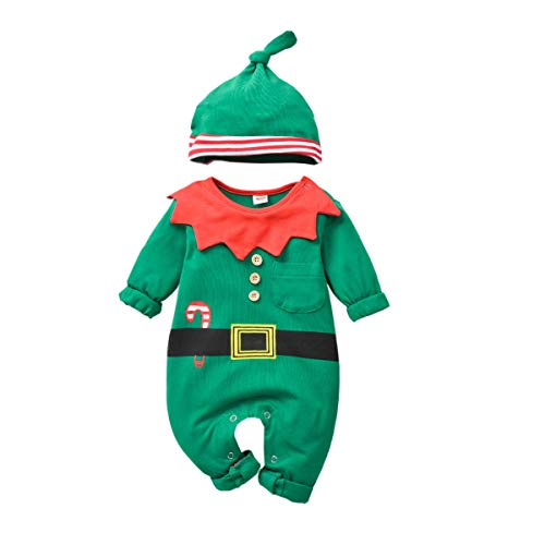 Baby-Weihnachts-Elf-Outfit-Einteiler, Pullover für Kleinkinder, Jungen, Mädchen, Weihnachtskostüm, Pyjama, Kleidung, Grün, 0-6 Monate von HIHA